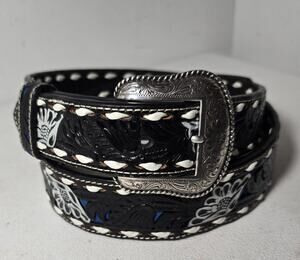 Nacona Tooled Woven Edge Leather Belt Mens Black with Gray/Blue Accents Size 40